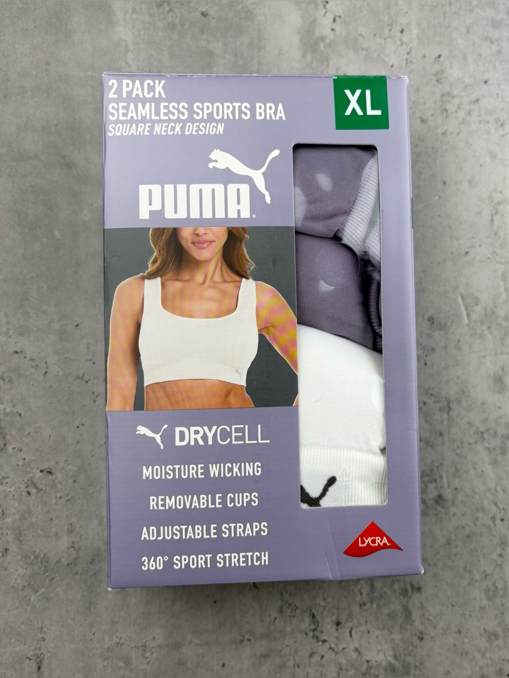 Women’s puma XL sports bra 2 pack white/ purple drycell square neck
